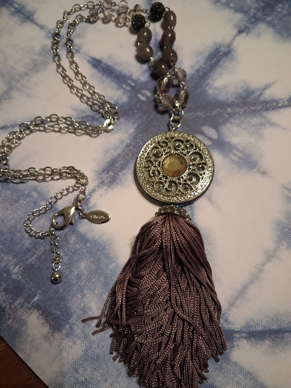 Chico's Gold Tone Medallion Necklace with Brown Tassel